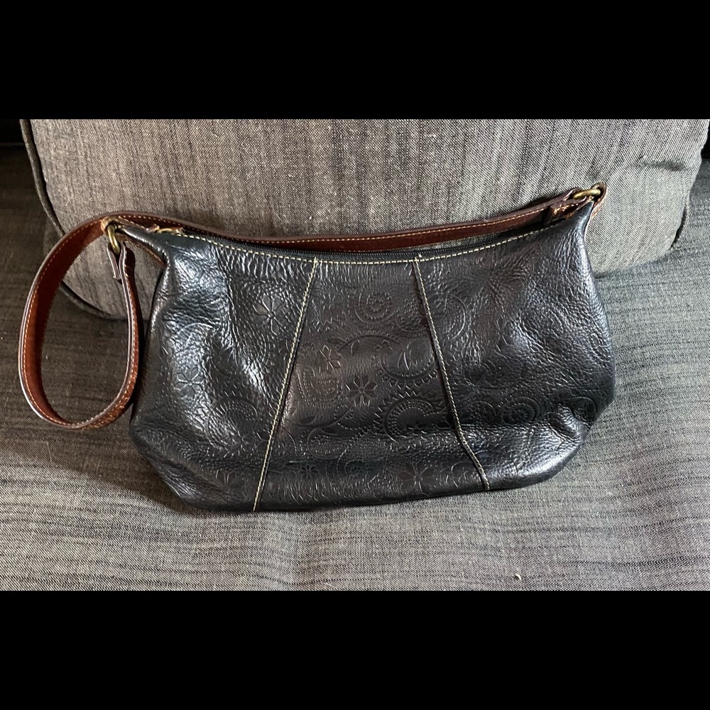 Printed black leather brown strap